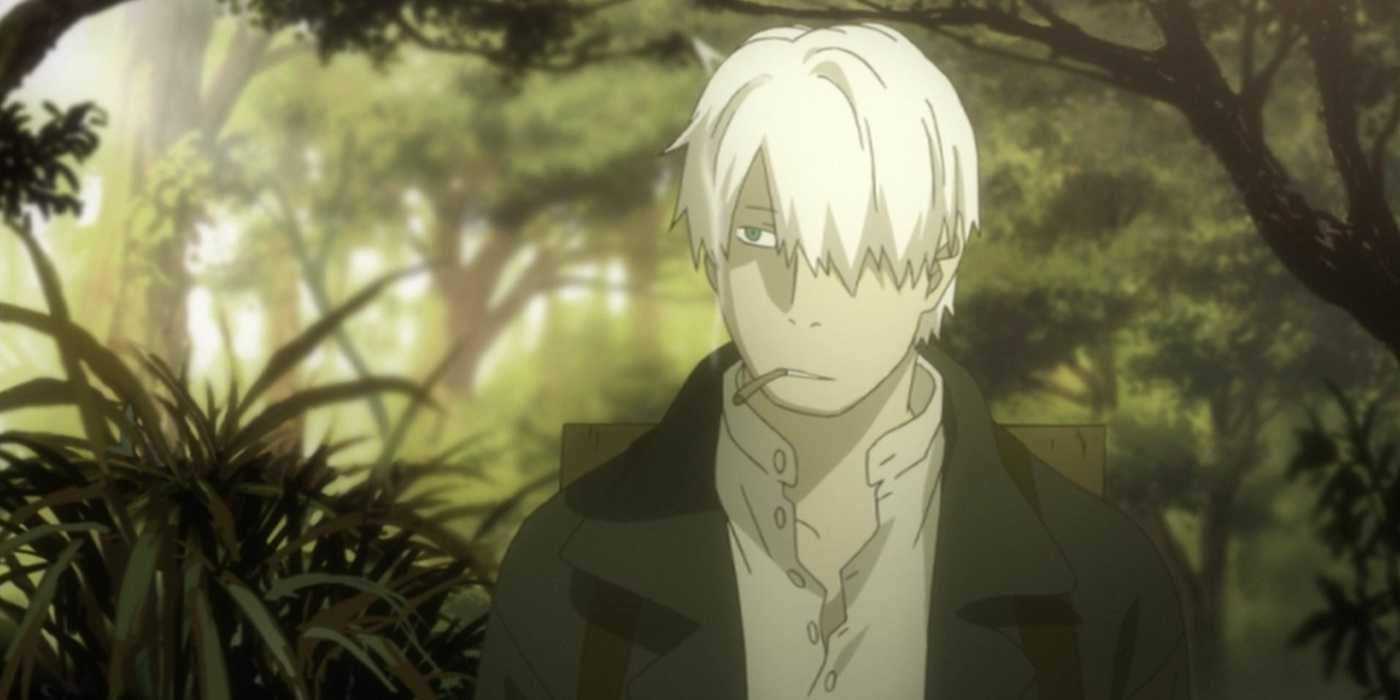 Mushishi anime's Ginko wanders through a forest while smoking Mushi Soot Grass