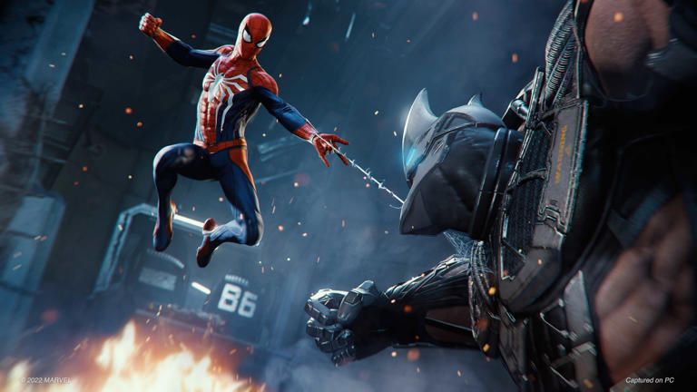 Spider-Man fighting Rhino in 2018's Spider-Man game by Insomniac.
