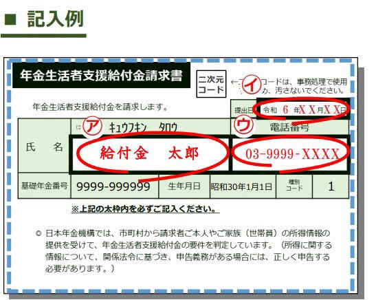 はがき（年金生活者支援給付金請求書）の記入例
