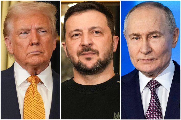 Os presidentes Donald Trump, Vladimir Zelensky e Vladimir Putin Foto: