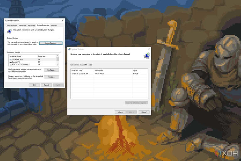 Screenshot showing System Restore dialog box on Windows desktop