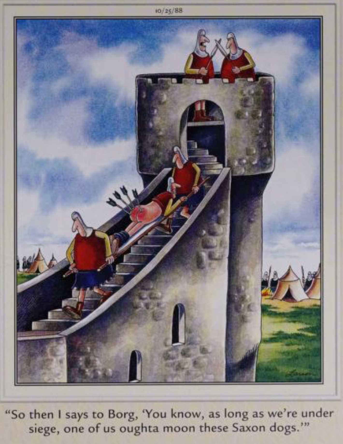 Far Side October 25, 1988, a medieval soldier with a butt full of arrows