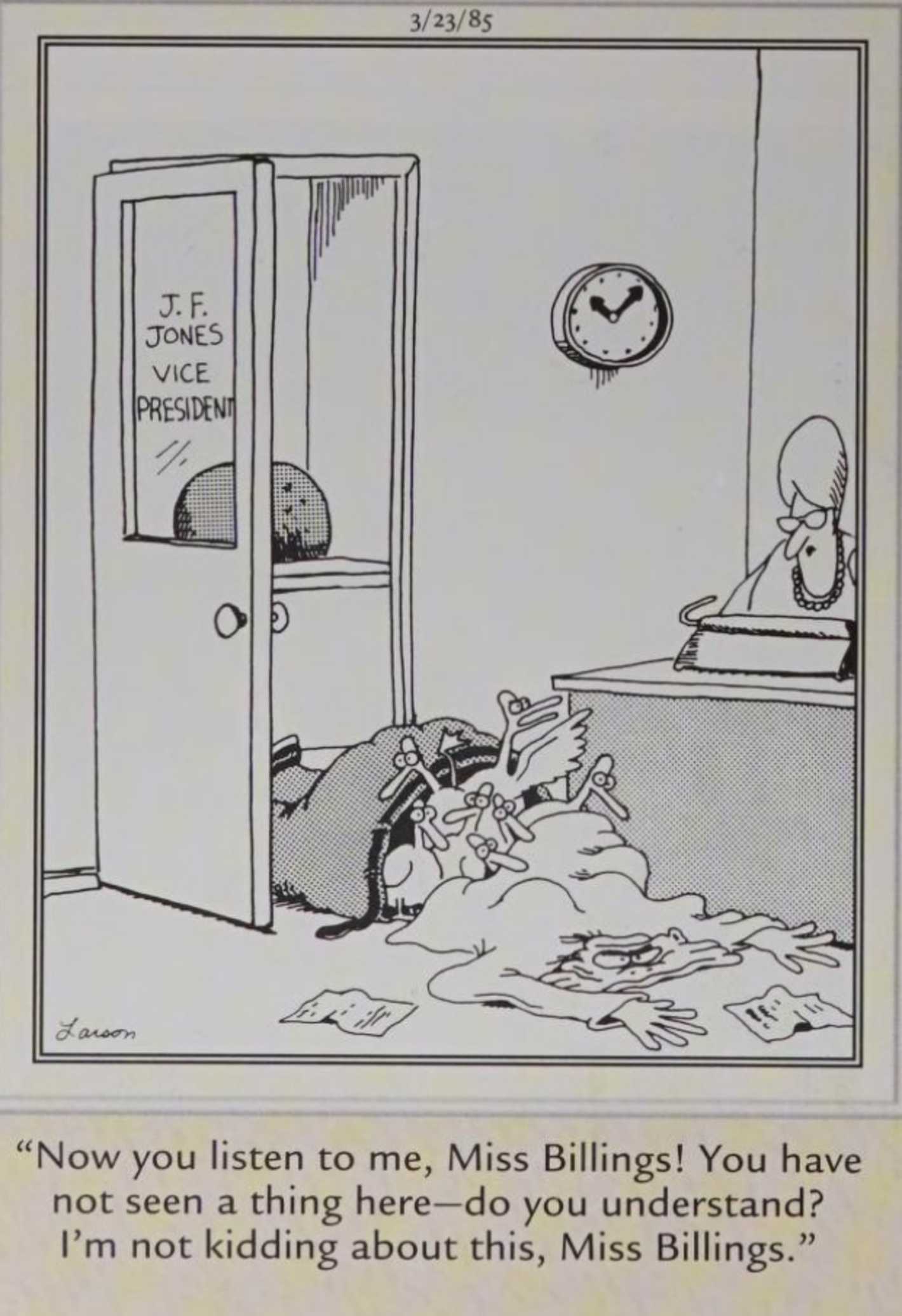 Far Sid, March 23, 1986, the vice president of a company is a bunch of ducks