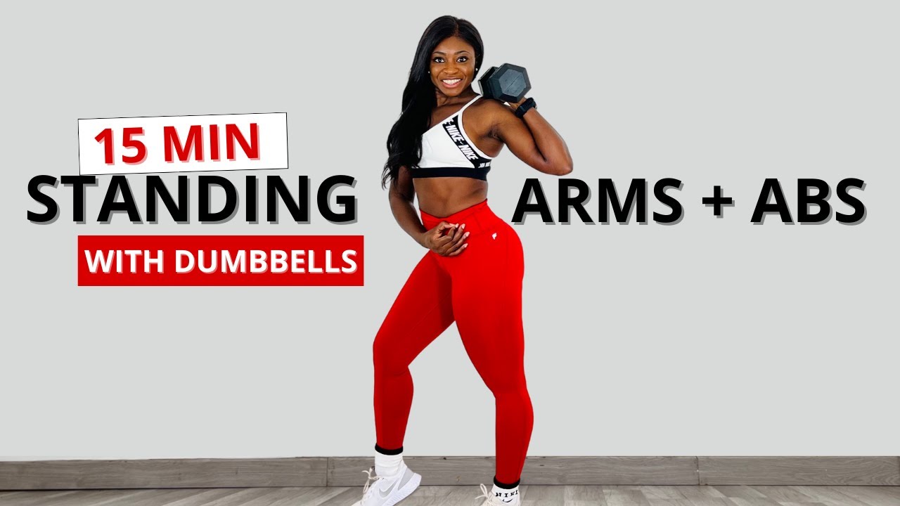 15 Min Standing Arms Abs Workout With Dumbbells No Repeats