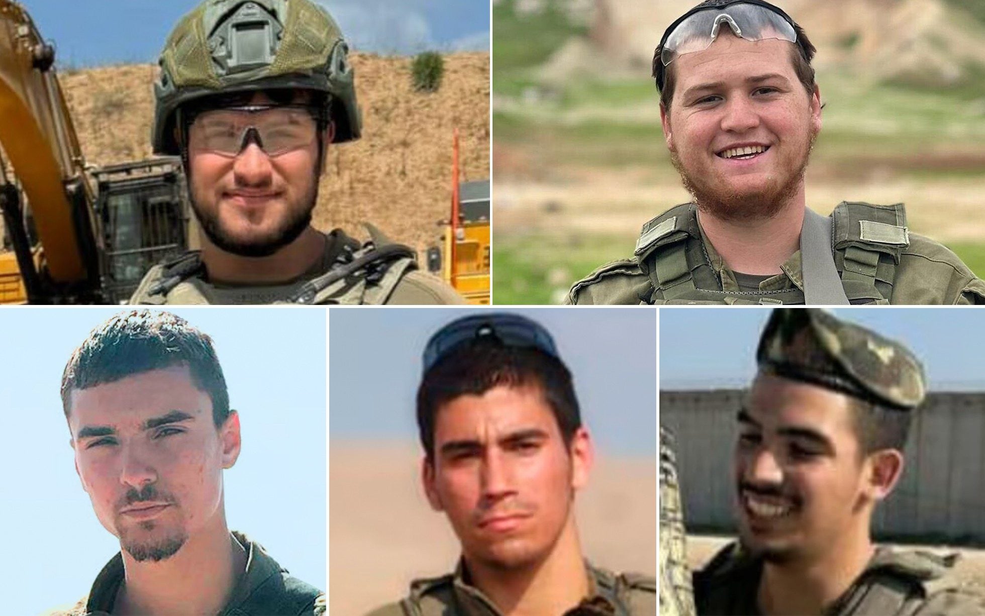 IDF Soldiers killed in the Beit Hanoun roadside bomb attack. Clockwise from top left: Benyamin Asulin, Moshe Shmuel Noll, Noam Aharon Musgadian, Moshe Nissim Frech, Meir Shimon Amar