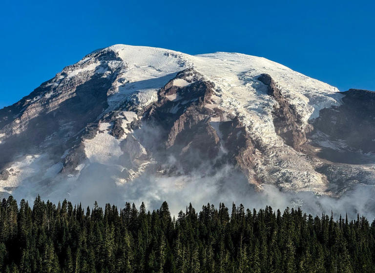 A clear view of Mount Rainier, considered an active volcano rising to 14,410 feet above sea level, is pictured from Reflection Lakes on August 29, 2024, near Ashford, Washington. Getty Images