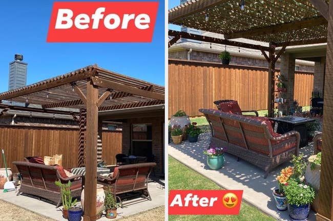Side-by-side patio transformation: before shows bare seating, after shows lush plants, cozy furniture, and pergola enhancements