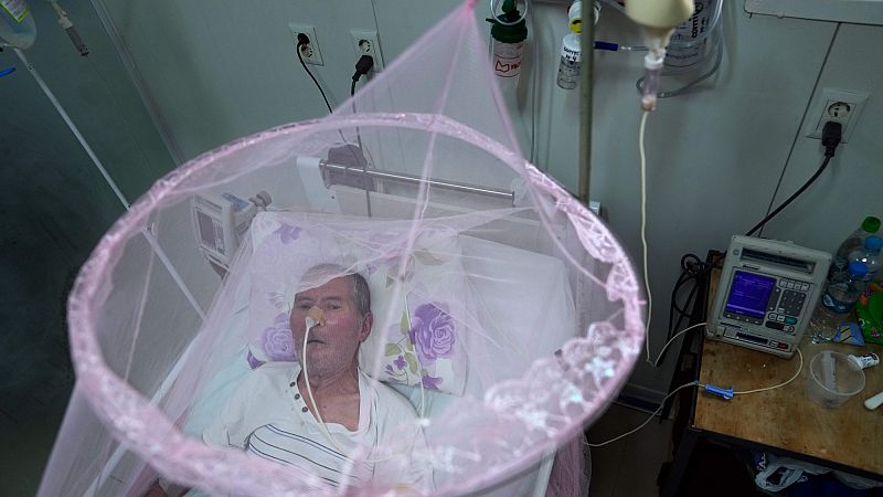 Un patient infecté par le chikungunya regarde à travers une moustiquaire à l'hôpital Clinicas de San Lorenzo, au Paraguay, le vendredi 3 mars 2023.