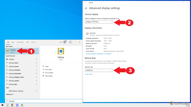 Adjusting the refresh rate of every connected monitor in Windows's Settings.