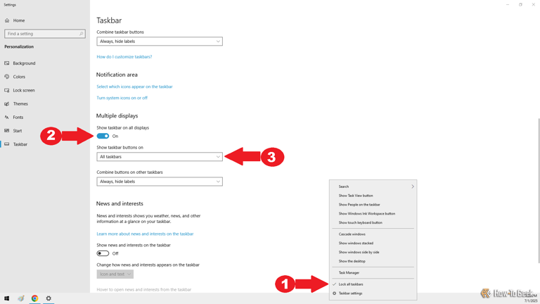 Locking the taskbar in Windows and then setting the taskbar to appear on all monitors.