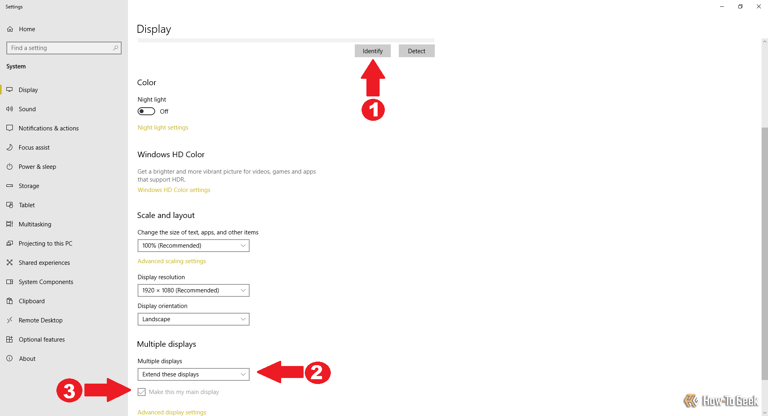 Identifying available monitors in Windows, then settings options to 'Make this my main display' and 'Extend these displays.'