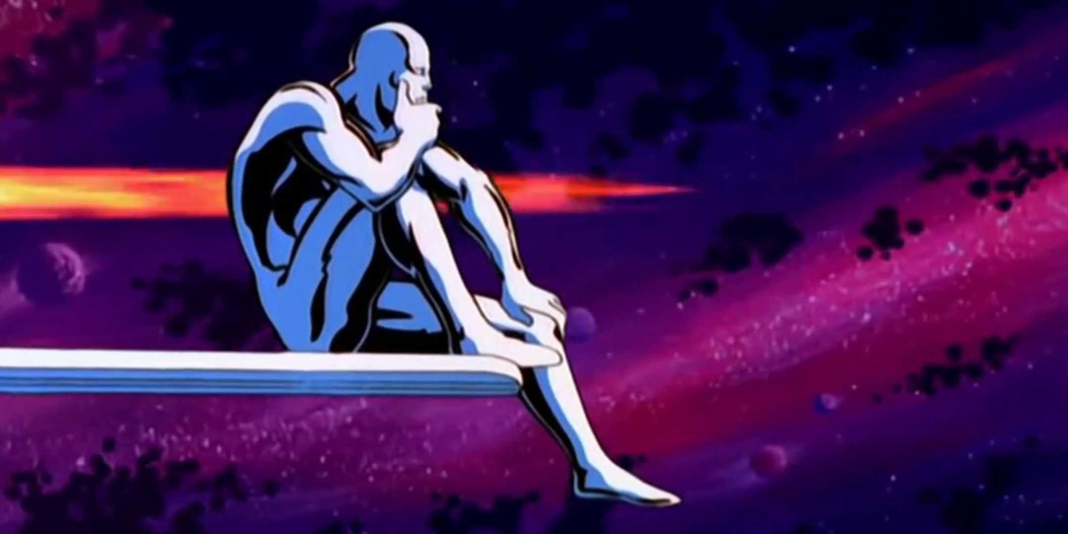 Silver Surfer sitting on his board while pondering and flying throughout the galaxy in Silver Surfer: The Animated Series.