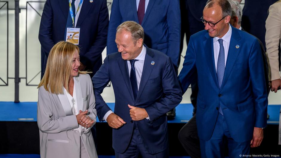 Italian Prime Minister Giorgia Meloni, Poland's Prime Minister Donald Tusk and German Chancellor Friedrich Merz at the conference in Rome