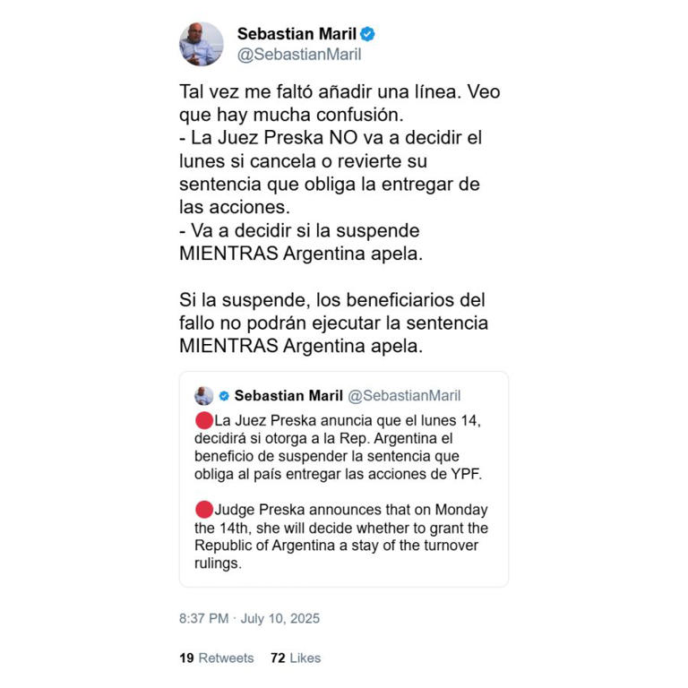 Sebastián Maril habló sobre lo que hará la jueza Loretta Preska