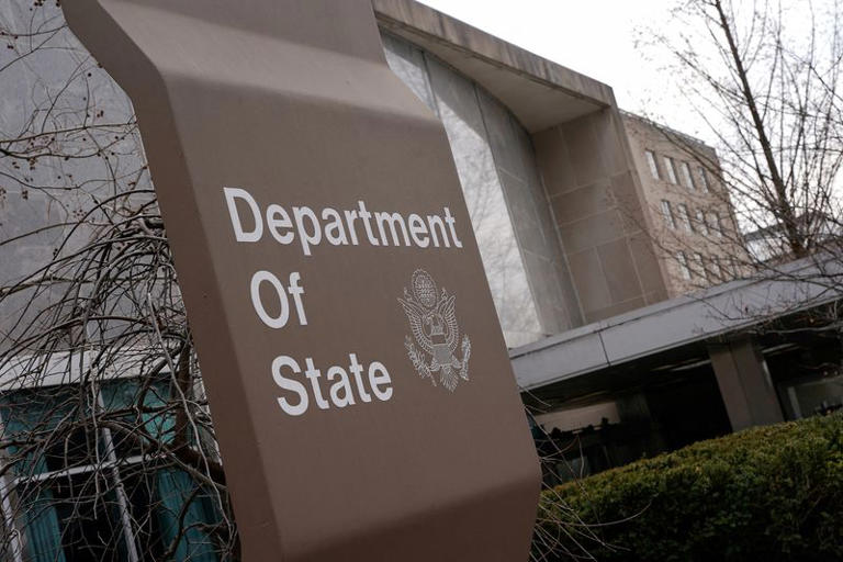 FILE PHOTO: A general view of a U.S. State Department sign, on the day U.S. Secretary of State Marco Rubio meets with Hungarian Foreign Minister Peter Szijjarto, in Washington, D.C., U.S., March 4, 2025. REUTERS/Nathan Howard/File Photo
