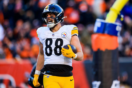 Dec 1, 2024; Cincinnati, Ohio, USA; Pittsburgh Steelers tight end Pat Freiermuth (88) reacts after scoring a touchdown against the Cincinnati Bengals in the second half at Paycor Stadium. Mandatory Credit: Katie Stratman-Imagn Images