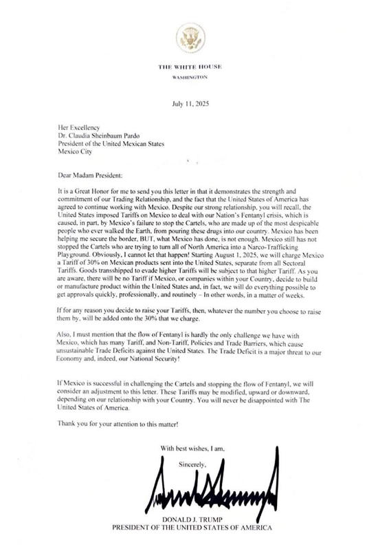 Carta del Presidente de Estados Unidos, Donald Trump, a la Presidenta de México, Claudia Sheinbaum. Foto: Especial