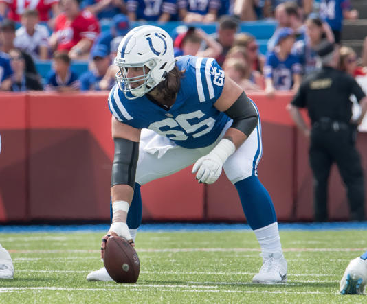 Aug 12, 2023; Orchard Park, New York, USA; Indianapolis Colts center Dakoda Shepley (65) at the line of scrimmage in the fourth quarter of a pre-season game against the Buffalo Bills at Highmark Stadium. Mandatory Credit: Mark Konezny-USA TODAY Sports