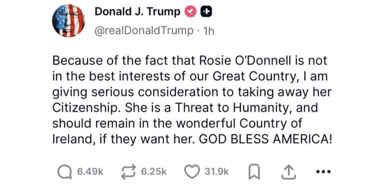 Trump ameaça retirar cidadania de Rosie O’Donnell após crítica: “Ela é uma ameaça à humanidade”