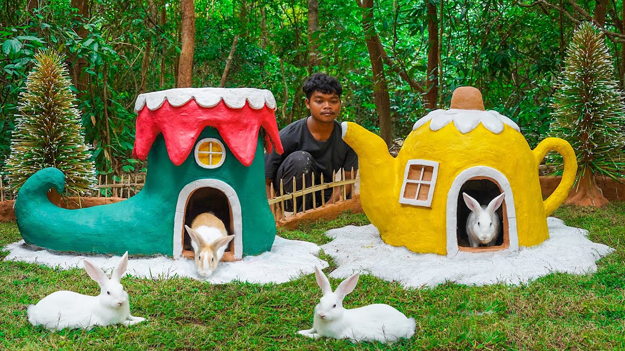 Saving a lonely puppy and rabbit and giving them a safe mud house to ...