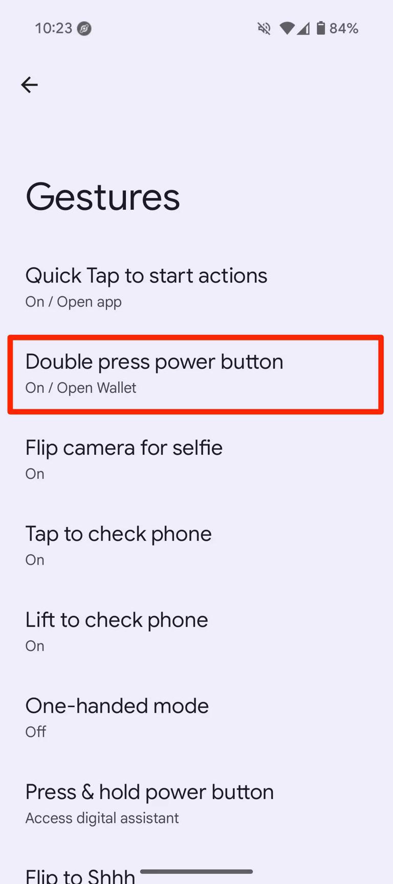 Red box highlighting double press power button option in Google Pixel Gestures menu