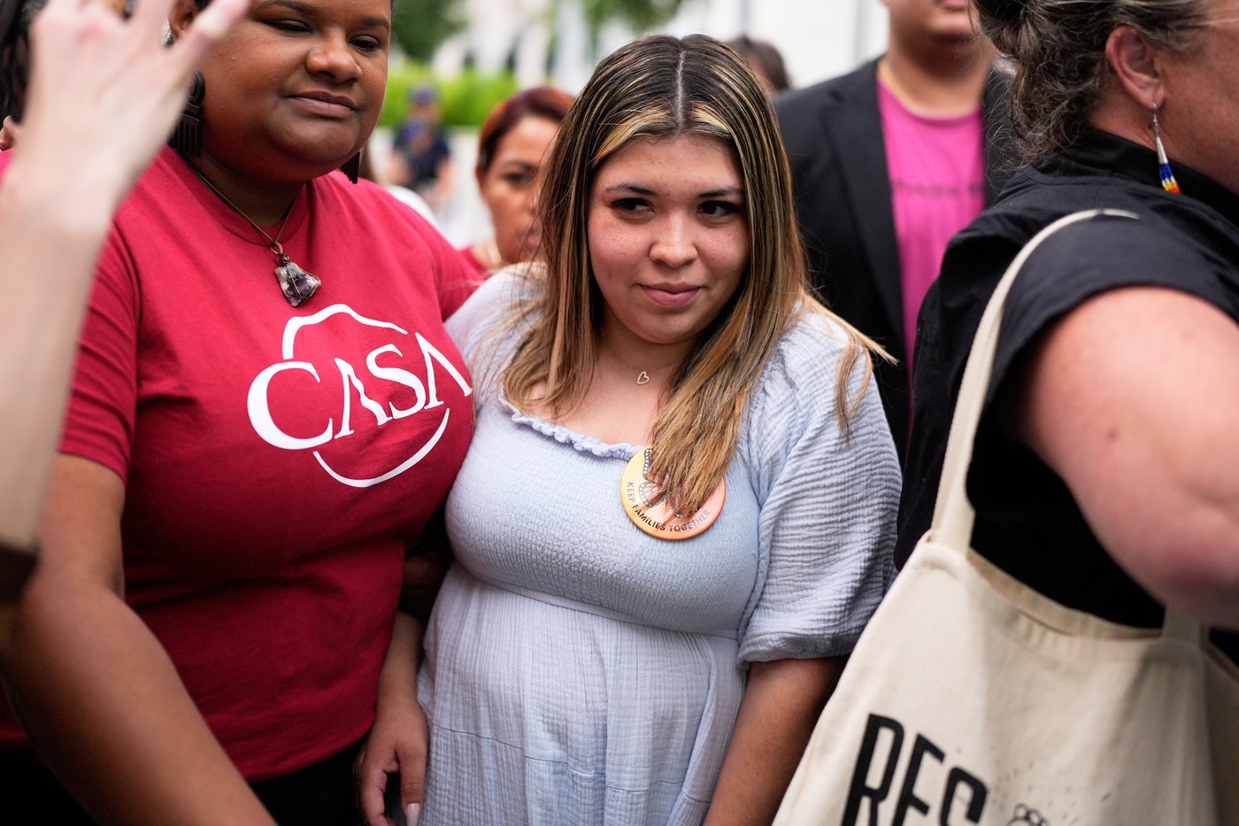 Jennifer Vasquez Sura, center, wife of Kilmar Abrego Garcia, leaves the federal courthouse in Nashville, Tenn., Wednesday, July 16, 2025. (AP Photo/George Walker IV)