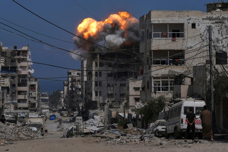 Smoke and flames erupt from an Israeli airstrike in Gaza City, Monday, July 21, 2025. (AP Photo/Jehad Alshrafi) (Copyright 2025 The Associated Press. All rights reserved.)