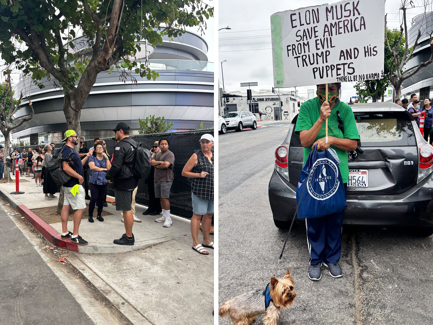 A lone anti-Trump protester, Josephine, outside the Tesla Diner on Monday as others wait in line outside. (Angela Yang / NBC News)