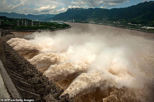 This photo taken on July 19, 2020 shows water being released from the Three Gorges Dam, a gigantic hydropower project on the Yangtze river