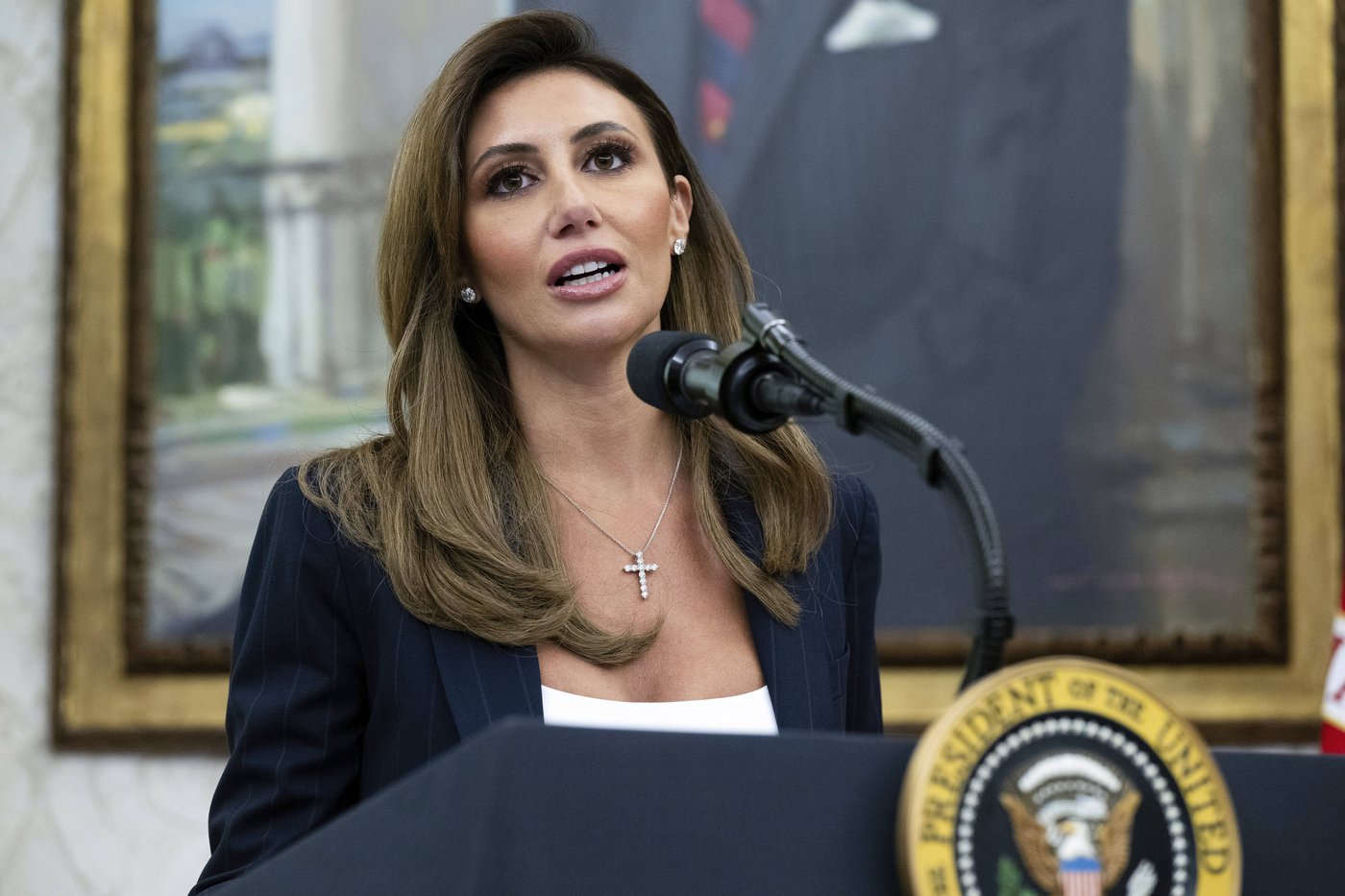 FILE - Alina Habba speaks after being sworn in as interim US Attorney General for New Jersey, in the Oval Office of the White House in Washington, on March 28, 2025. (Pool File via AP)