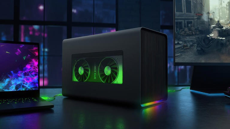 Razer Core X Chroma eGPU connected to a Razer laptop and external monitor