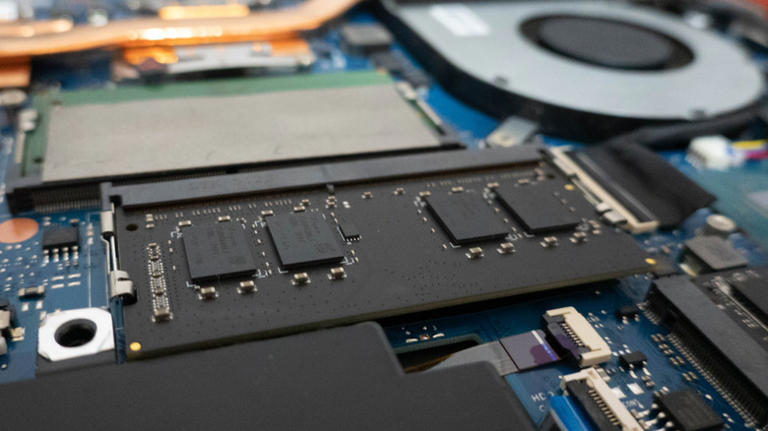 A gaming laptop motherboard, showing Random Access Memory (RAM)