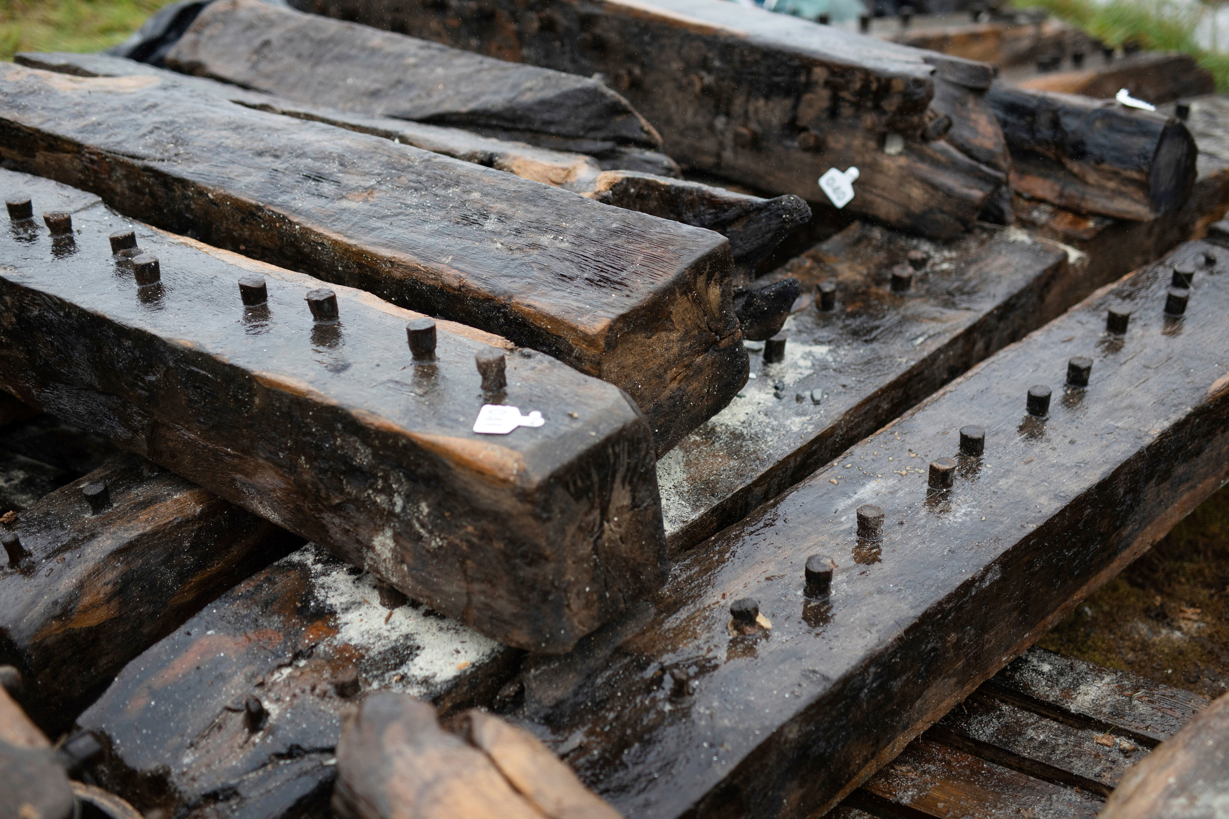 The Sanday Wreck timbers are seen before being placed in a freshwater tank (Wessex Archaeology via AP)