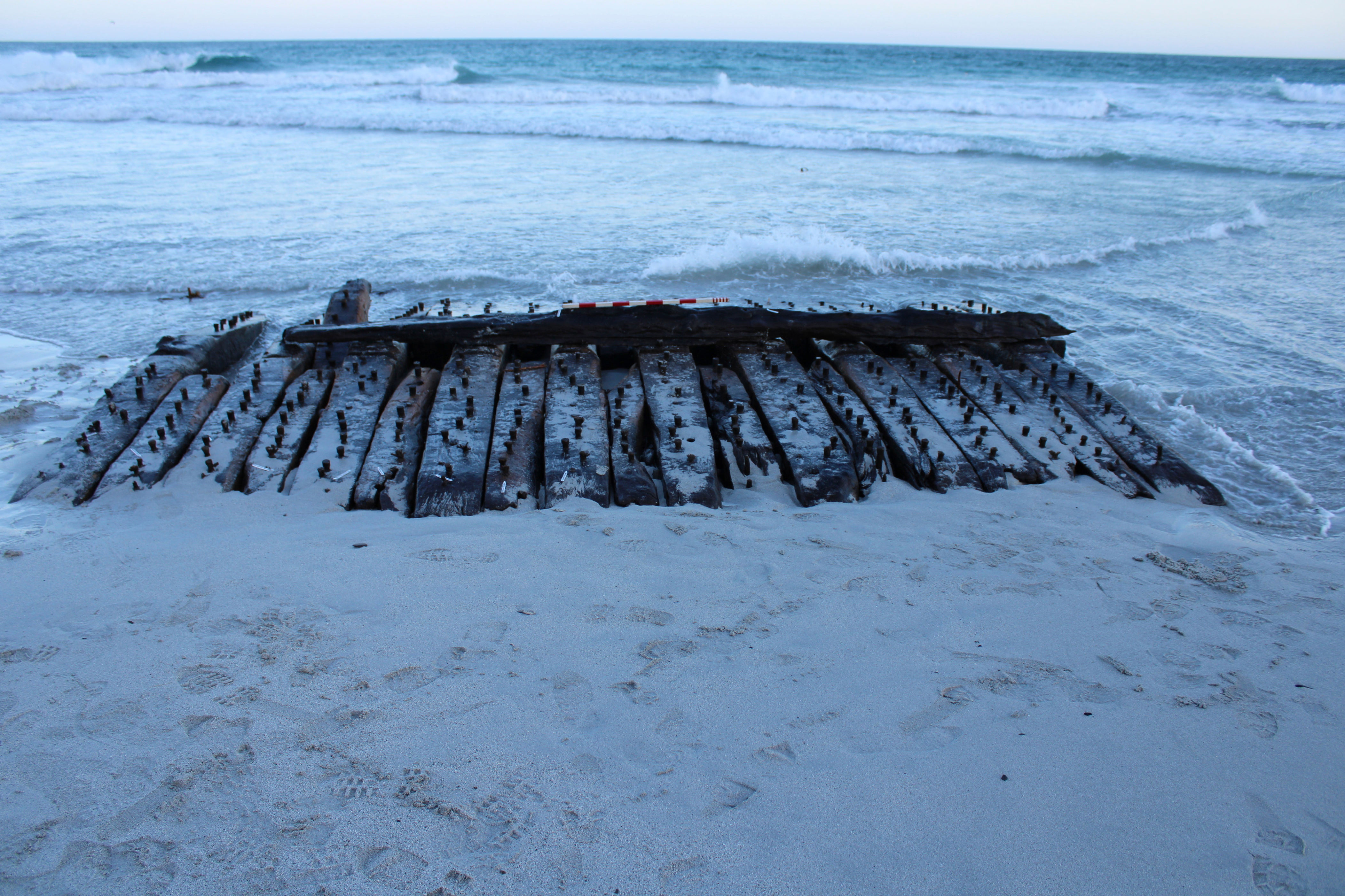 The Sanday Wreck is seen on the shores of Sanday on Orkney, in 2024 (Wessex Archaeology via AP)