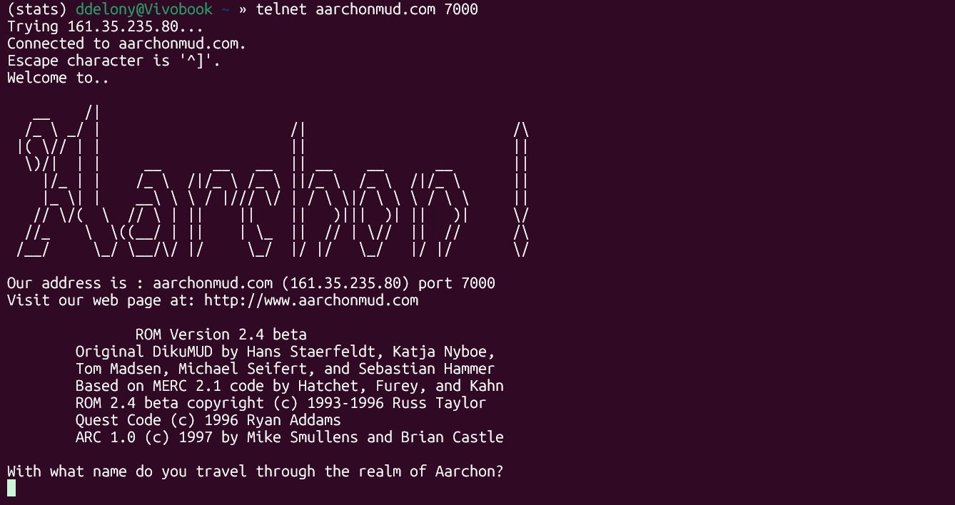 Telnet connection to the Aarchon MUD in the terminal.