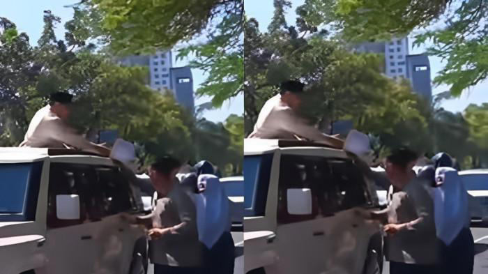 BERI PRABOWO LUKISAN - Salah satu siswi SMPN 3 Solo saat memberikan lukisan hasil karyanya berupa sketsa wajah Prabowo kepada Presiden RI Prabowo Subianto, di sekitar Hotel Alila, Solo pada Senin (21/7/2025) siang kemarin. Siswi kelas IX SMPN 3 Solo bernama Kiasatina Callysta Cordelia Prabowo itu mendapatkan beasiswa gratis sampai kuliah dari Presiden RI Prabowo Subianto berkat aksinya. (Kolase/Tribun solo)