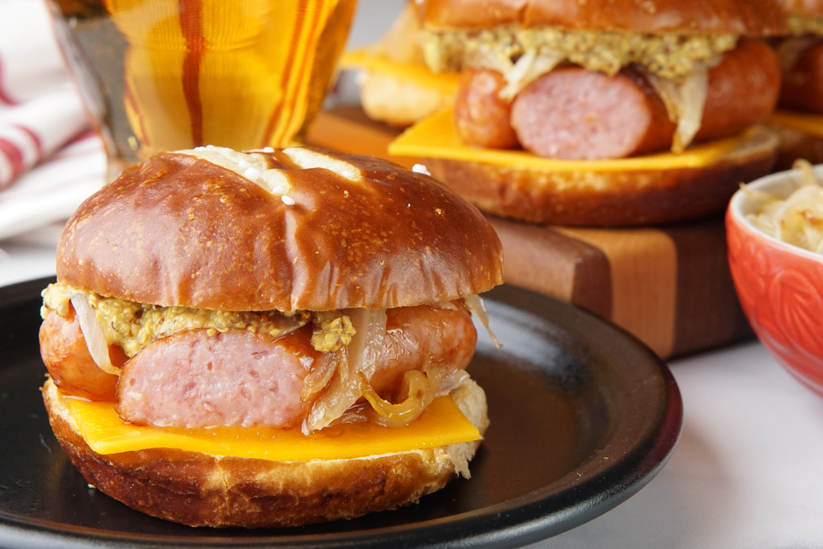 Bratwurst Sliders on Pretzel Rolls