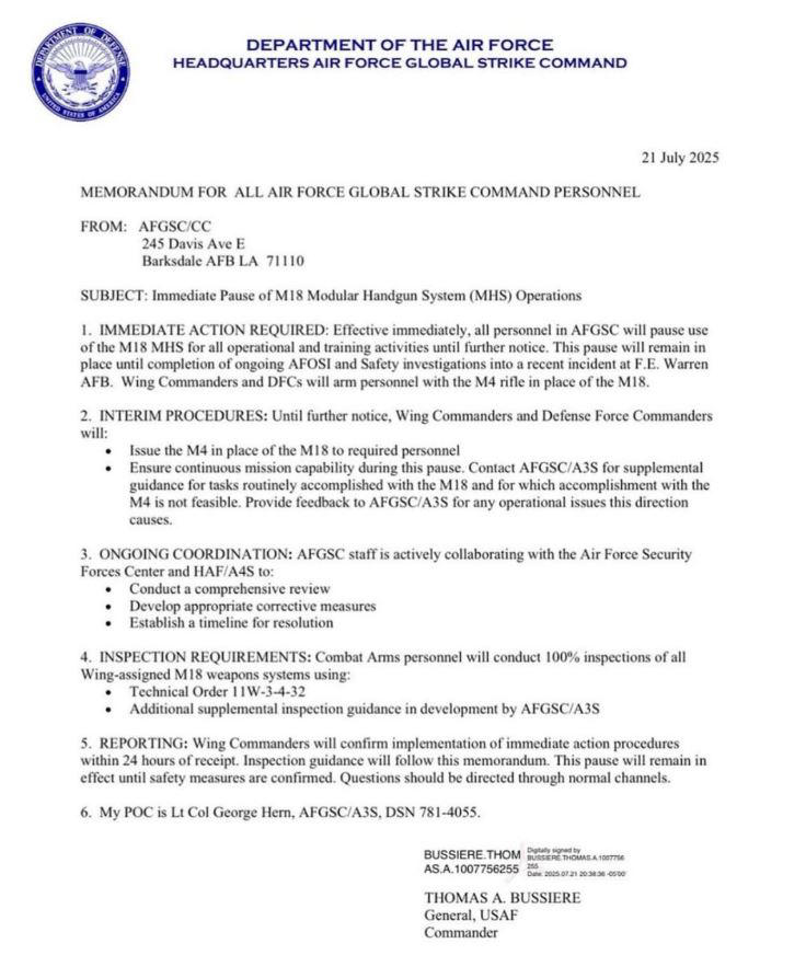 Air Force Grounds M18 Pistols After Fatal Discharge at F.E. Warren Air