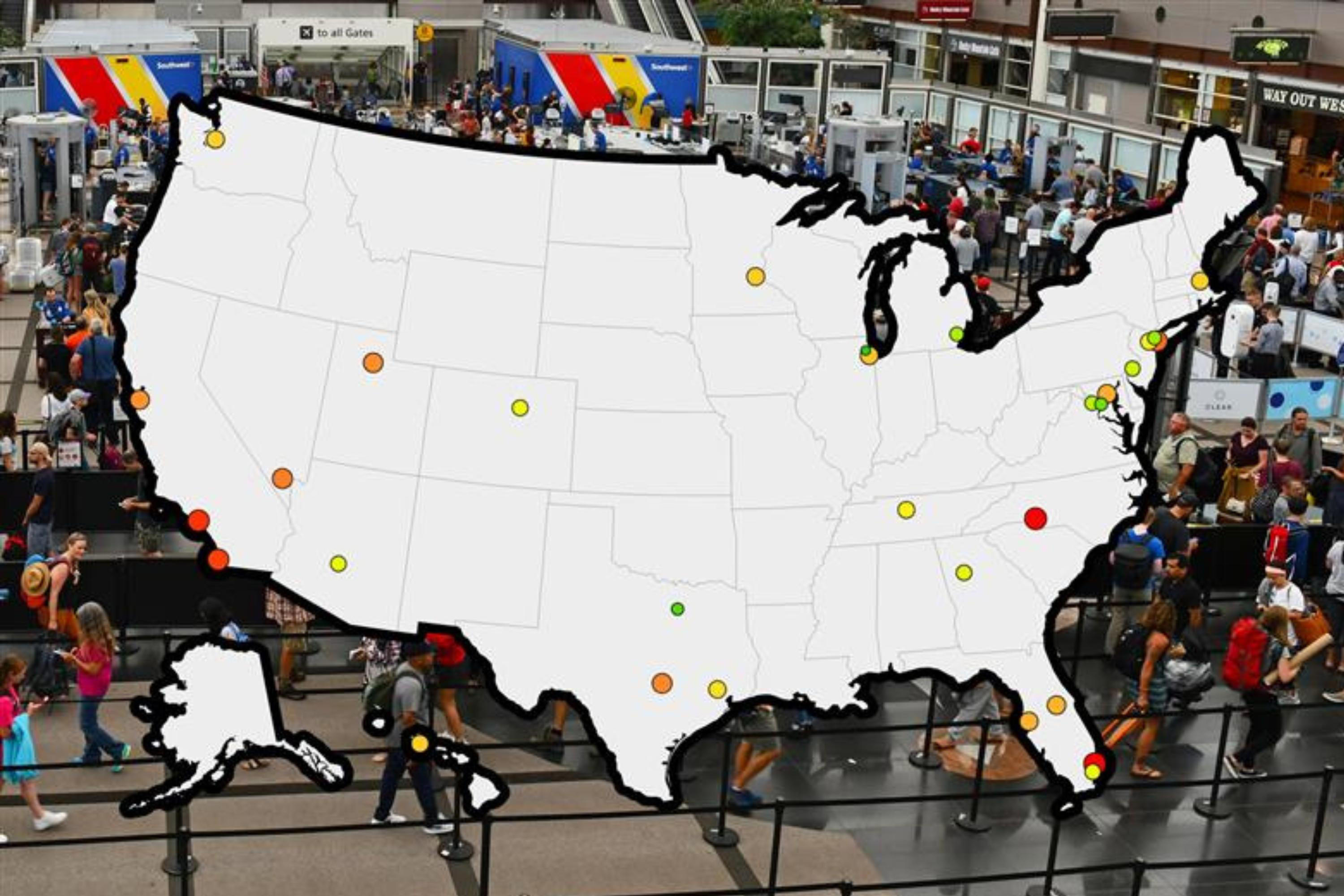 Map shows US airports with longest queues Map shows US airports with longest queues