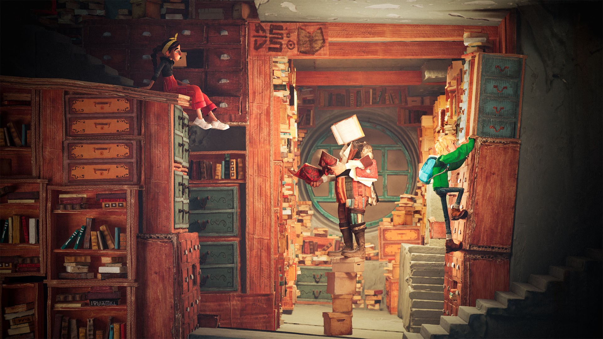 Out of Words screenshot showing a physics based puzzle in a vibrant library setting