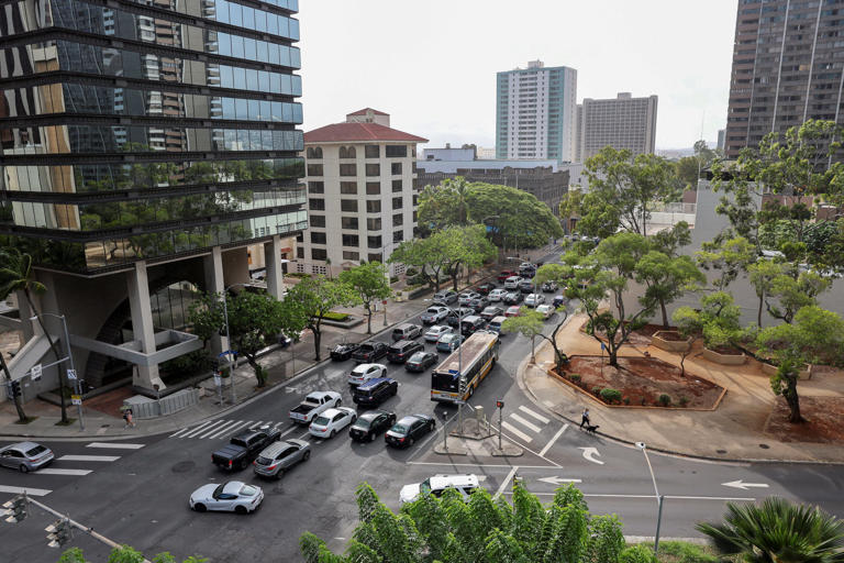 Traffic builds near downtown Honolulu after authorities warned residents of the possibility of destructive tsunami waves, following an earthquake which earlier struck off Russia's Far Eastern Kamchatka Peninsula, on July 29, 2025.
