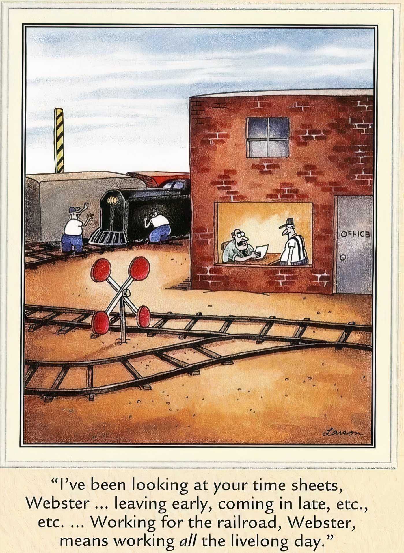 A man named Webster getting in trouble with his boss at the railroad in The Far Side.