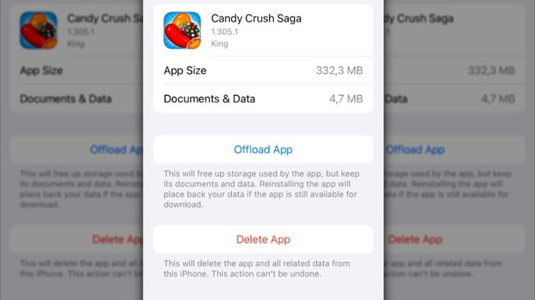 iPhone screen with options to Offload App or Delete App