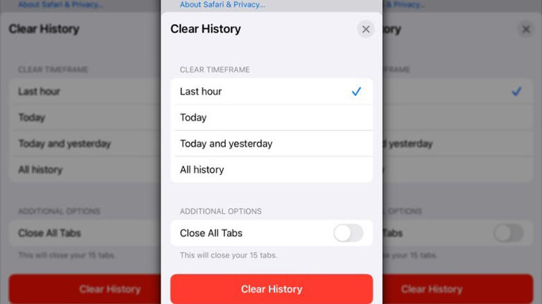 Safari Clear History screen on iPhone for clearning cache and website data