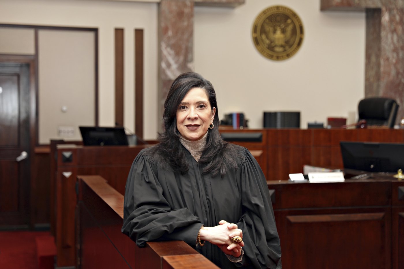 This image provided by Esther Salas shows U.S. District Judge Esther Salas, in her courtroom in Newark, N.J., March 20, 2025. (Esther Salas via AP)
