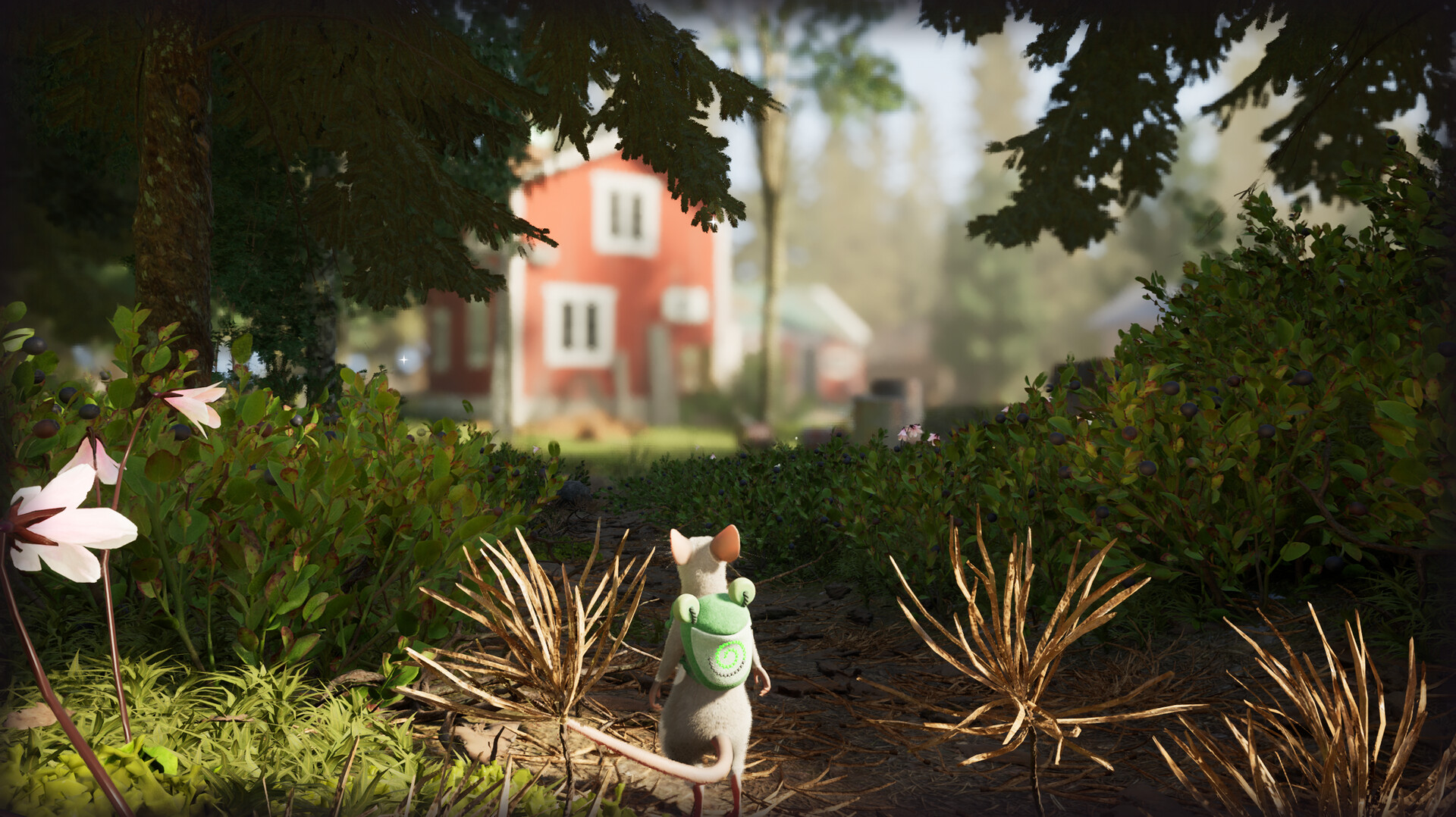 Hela screenshot showing the protagonist mouse with a frog-shaped backpack looking out towards a house