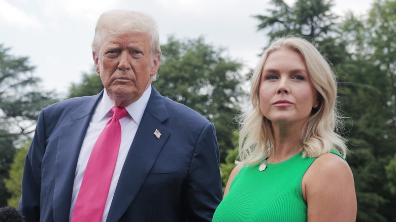 Donald Trump and Karoline Leavitt speak to the media in Washington, DC (2025)