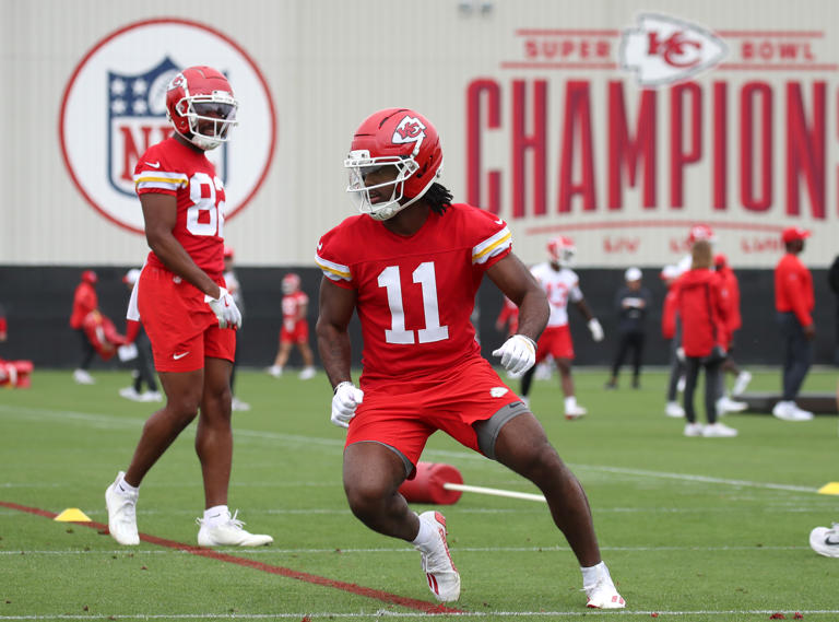 Wide receiver Jalen Royals #11 of the Kansas City Chiefs runs a route during the Kansas City Chiefs OTAs at The University of Kansas Health System Training Complex on May 29, 2025 in Kansas City, Missouri. Bruce Yeung/Getty Images
