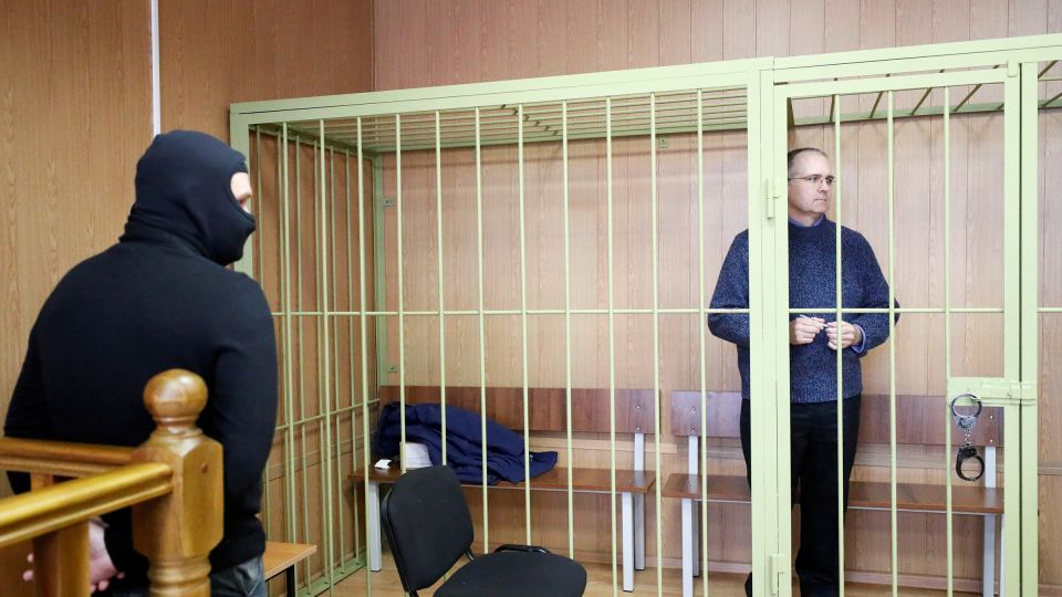 Paul Whelan stands in the courtroom cage after a ruling regarding extension of his detention in Moscow, Russia, in February 2019. - Shamil Zhumatov/Reuters