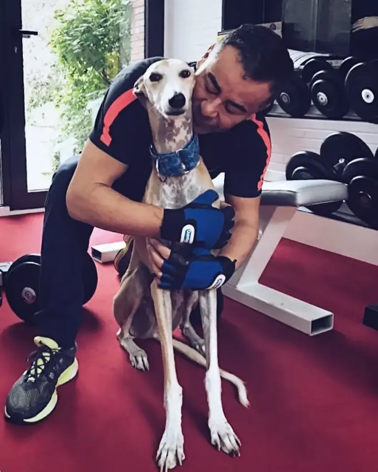 Jorge Javier Vázquez junto a Travis, uno de sus perros galgos, en el gimnasio de su casa. 